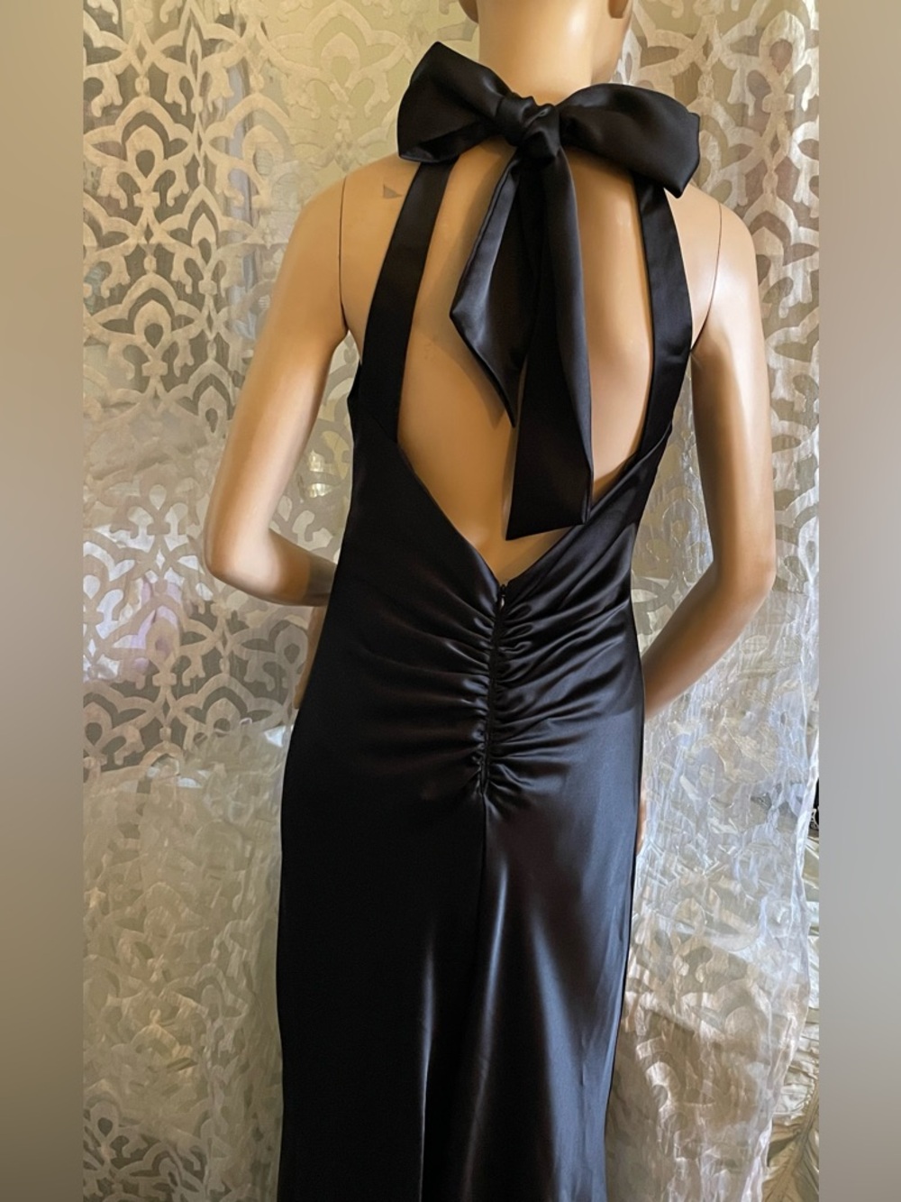 Xscape Evenings Black Halter Tie Neck Satin Sheath Gown size 4 - Picture 7 of 13